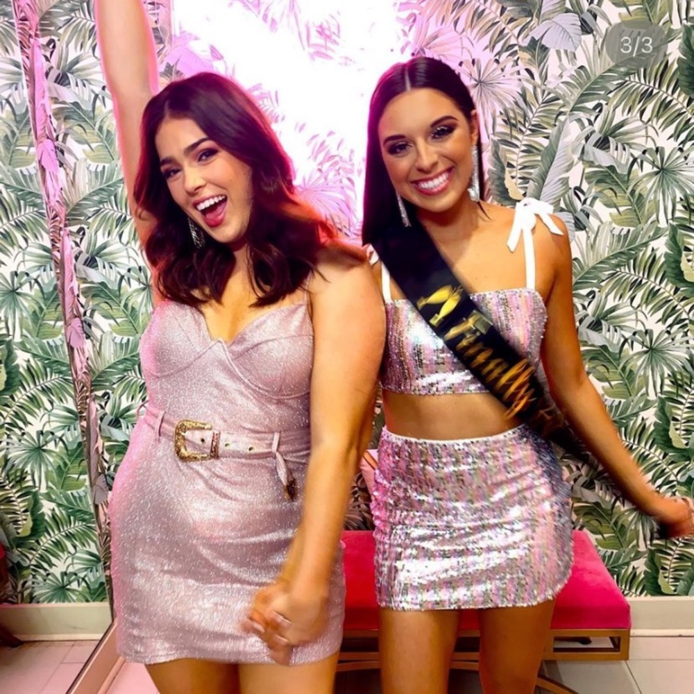 Pink sparkle mini dress with gold detail belt